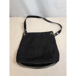 Woven Shoulder Bag Black Glossy Trim‎ Fashion Handbag Everyday Tote Purse